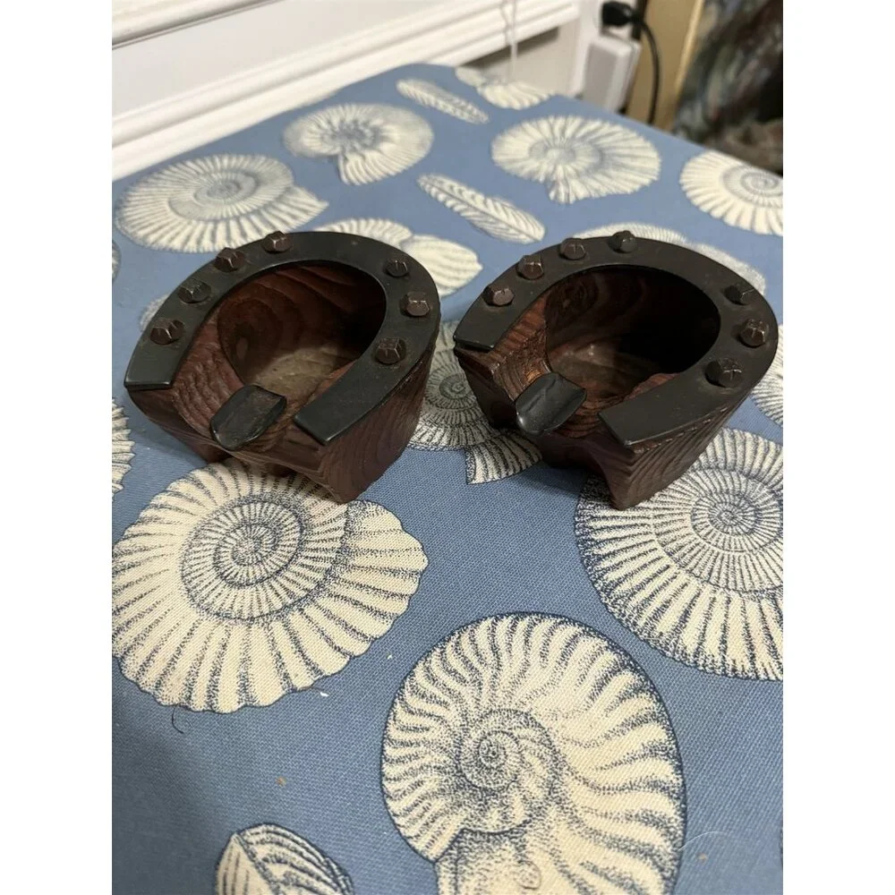 Vintage Wood Horsehoe Ashtray Set Of 2 Western Americana Cowboy